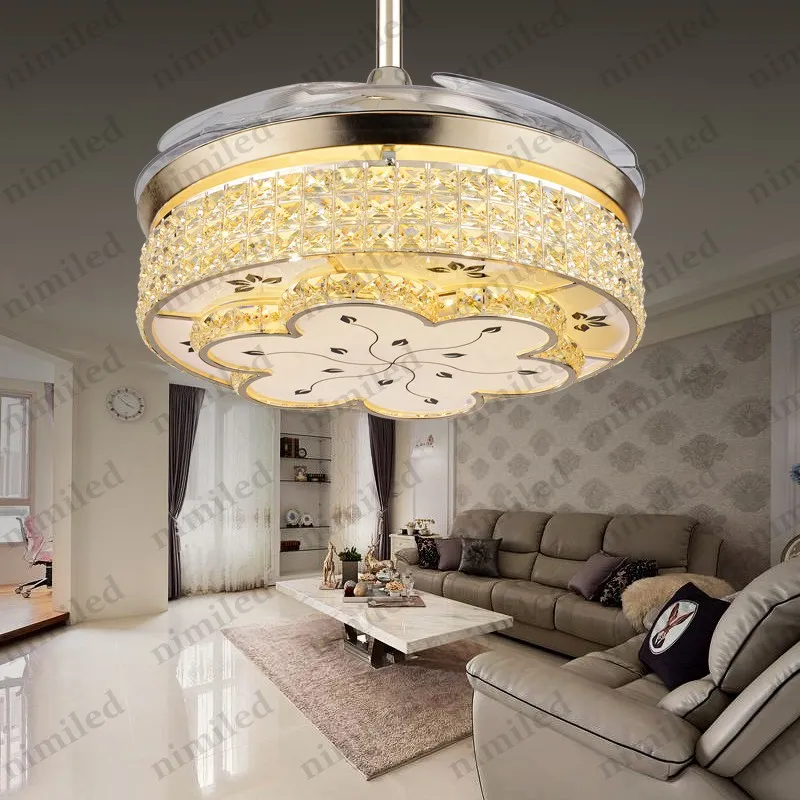 nimi914 Invisible Living Room Retractable Crystal Ceiling Fan Lights Restaurant Light Bedroom Modern Luxury Chandelier Pendant Lamps