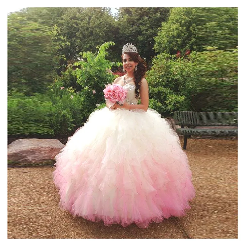 Gorgeous Gradient Pink Quinceanera Gowns Crystal Beaded Sweetheart Tiered Cascading Ruffles Prom Dress Pretty Floor Length Lace Up Ball Gown