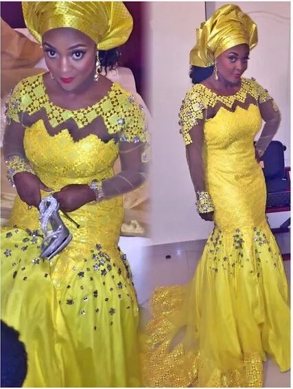 Aso Ebi Bright Yellow Prom Dresses mermaid Plus Size South Afric Lace Evening Gowns 2016 Long Sleeves Sheer Beaded PARTY Gowns8759109