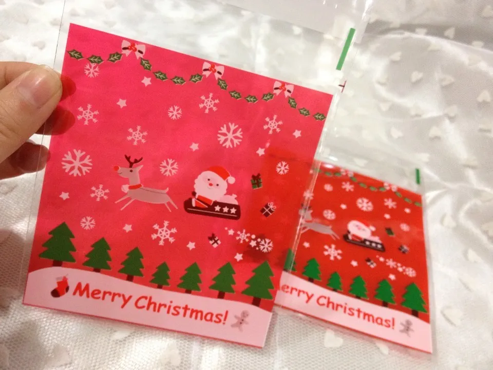NIEUWE 200 stks / partij Leuke Merry Christmas Designs Self Adhesive Seal Snack Bags / Lovely Biscuits Brood Cookie Gift Bag 10x11 + 4cm Envelop