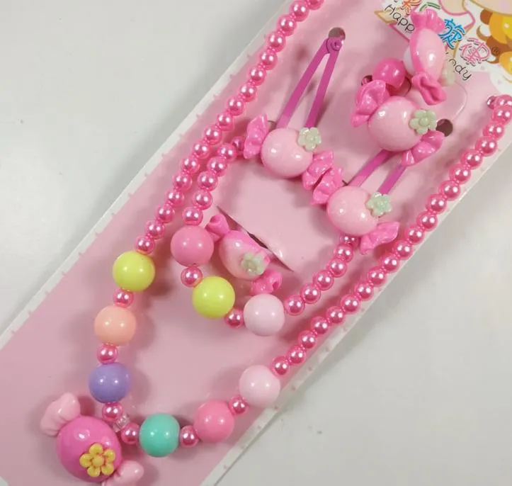 Kids gift jewelry set girl pearl beads cartoon pendants necklace bracelet ring hair clip hairband Set Christmas Party bag filler prize pink
