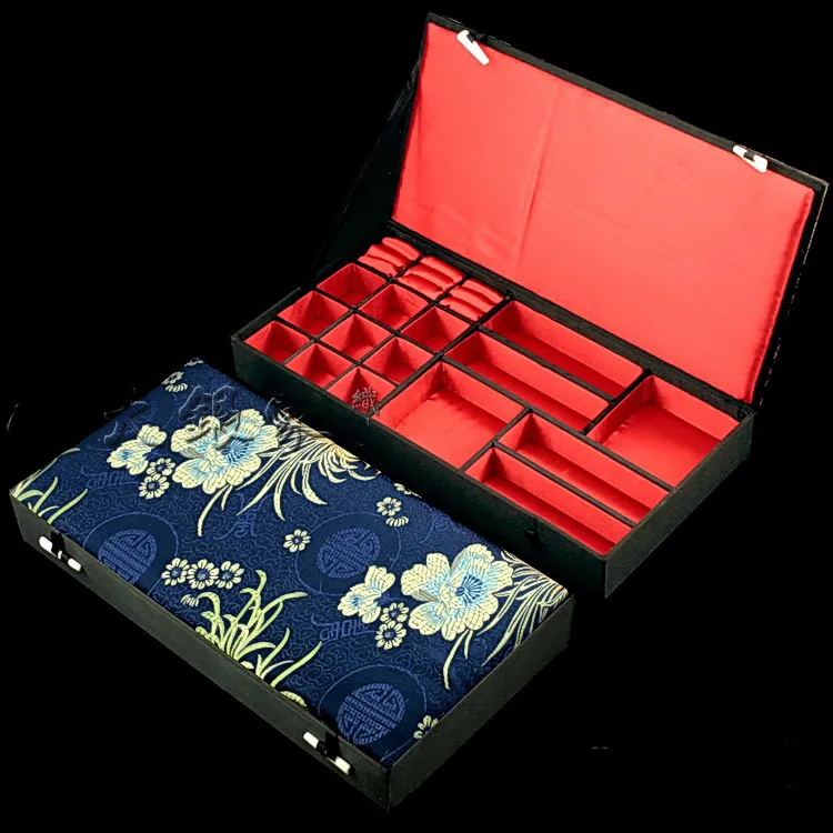 Boutique Holz Dekorative Schmuck Set Geschenkbox für Halskette Armband Ohrring Ring Aufbewahrungskoffer Chinesische Seide brokat Verpackung Boxen