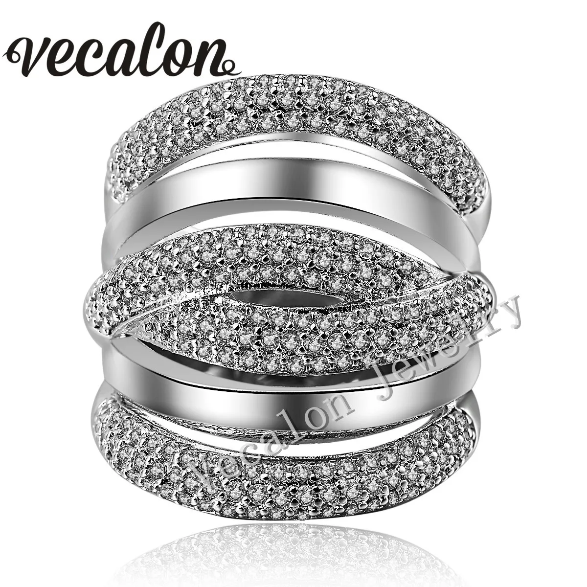 Vecalon pave set 234pcs Topaz Simulated diamond Cz Cross Engagement Wedding ring for Women 14KT White Gold Filled Female Band ring