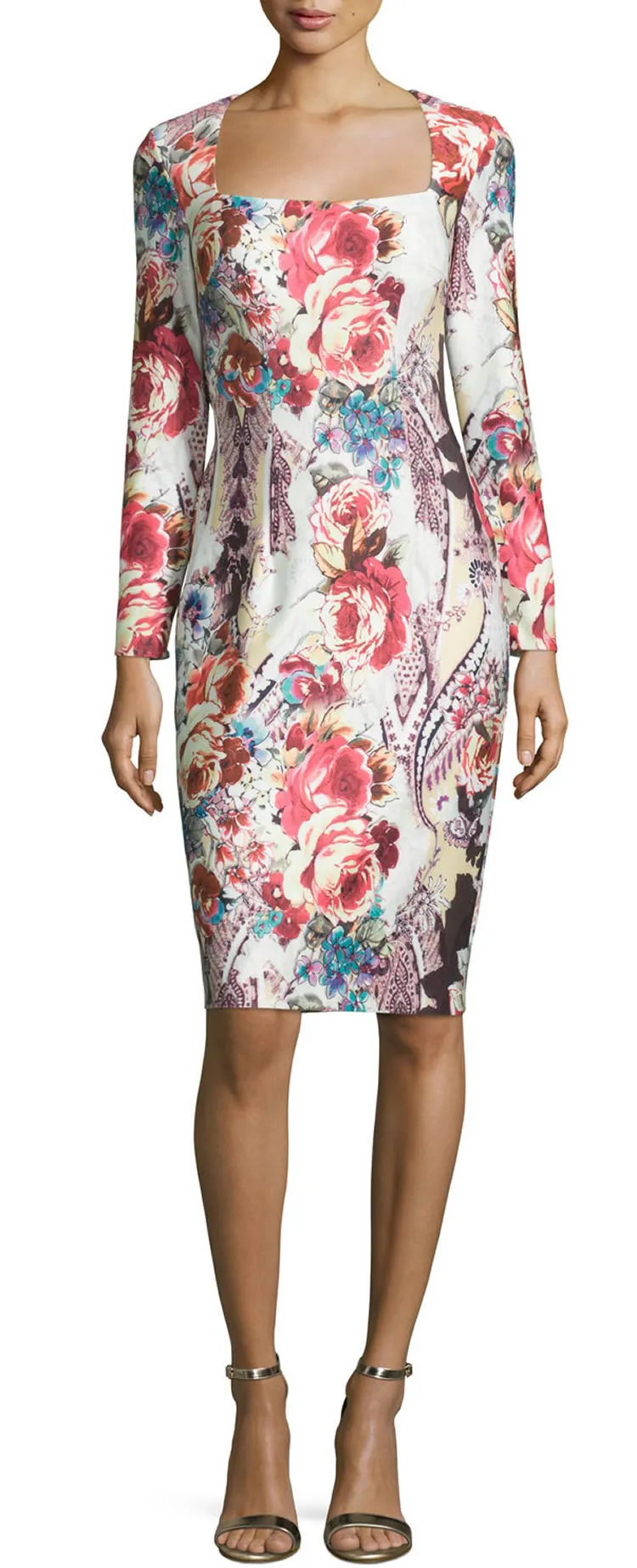 Robe fourreau à imprimé fleuri pour femmes Robe décontractée à col carré 064A647