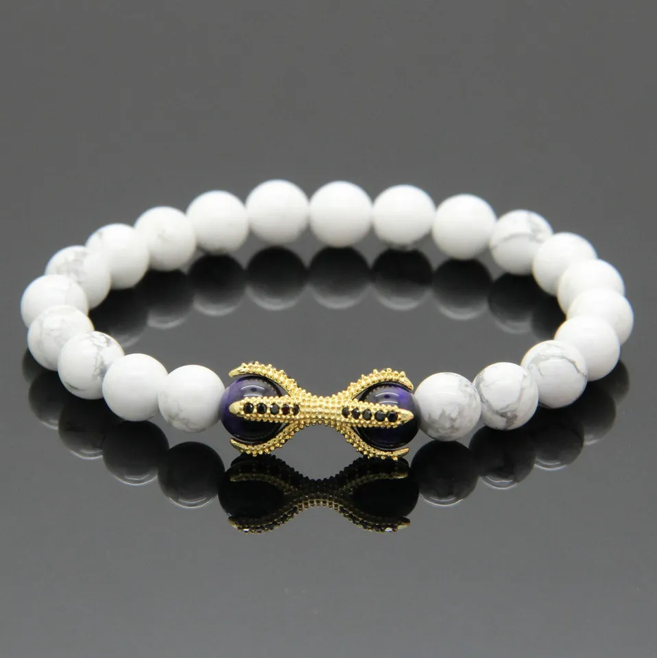 Wholesale 10pcs/lot White Howlite Marble Stone Purple Tiger Eye Beads Micro Inlay Black CZ Beads Eagle Paw Beaded Bracelets