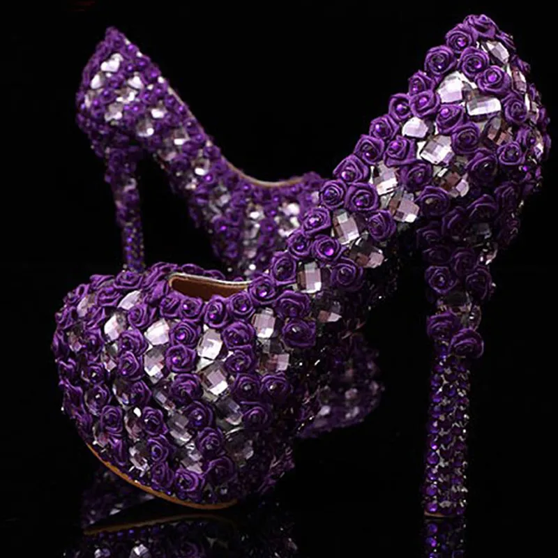 Najnowszy purpurowy bal obcasy pompy kobiety rocznica Party Prom Dress Shoe Rhinestone Buty ślubne Bridal Buty Matka Bride Shoes