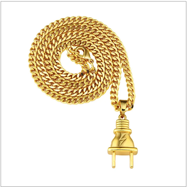 U7 New Fashion Plug Pendant Necklace Stainless SteelBlack GunGold Plated Pendant Rope Chain for MenWomen Hiphop Jewelry Perfect6464988