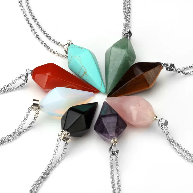 Natural Stone Crystal Healing Pendant Necklaces For Men Women Party Club Jewelry With Silver Plated Chain