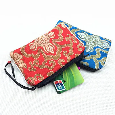 Bell Small Zip Jewelry Gift Bags Coin Purse Card Holder Wholesale Storage Pack Silk Brocade Cloth Packaging Pouch with Lined 