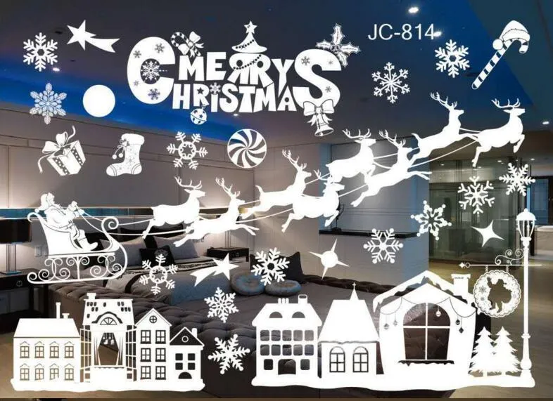 Frohe Weihnachten, weiße Schneeflocken, Fensterglasaufkleber, niedliche Weihnachtswandaufkleber, Weihnachtsmann-Aufkleber, Schaufensterdekoration