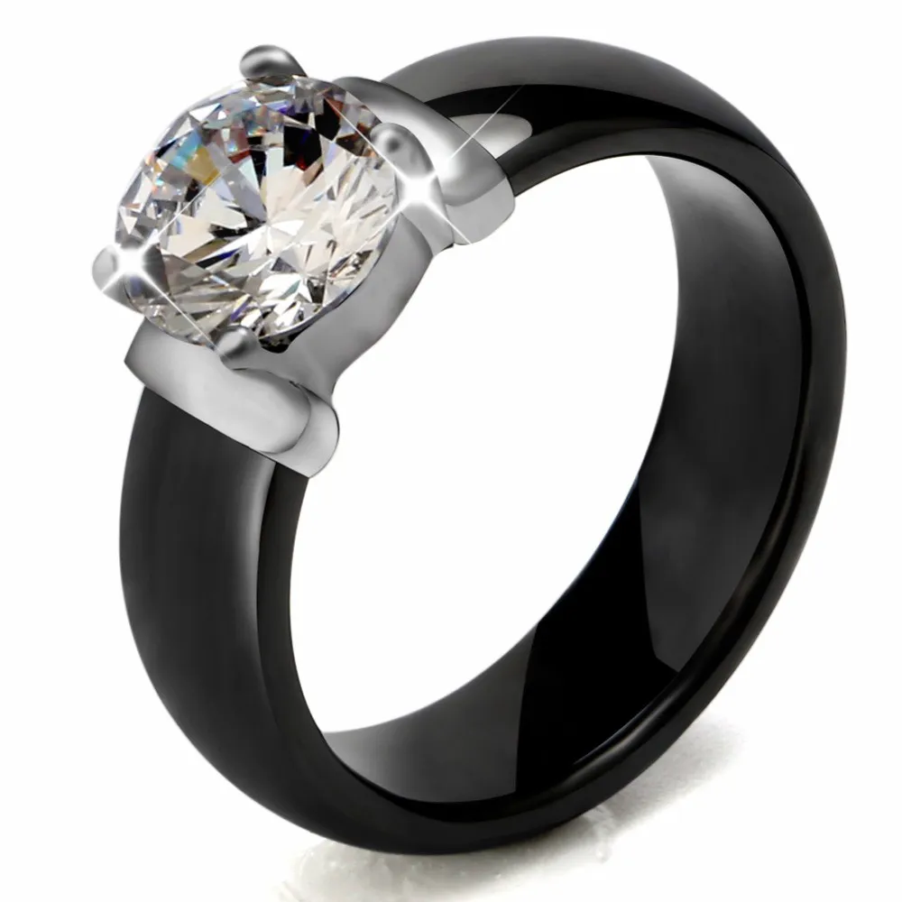 Anillos de cerámica blanca y negra de 6mm más Zirconia cúbica grande para mujer, anillo de boda de acero inoxidable para mujer, joyería de compromiso que nunca se decolora