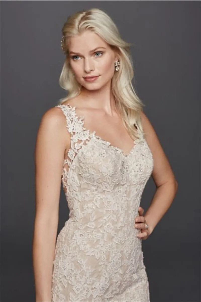 Perlé Venise Dentelle Applique Trompette Robe De Mariée Avec Couleur SWG723 Lumière Champagne Illusion Retour Robes De Mariée robe de novia291r