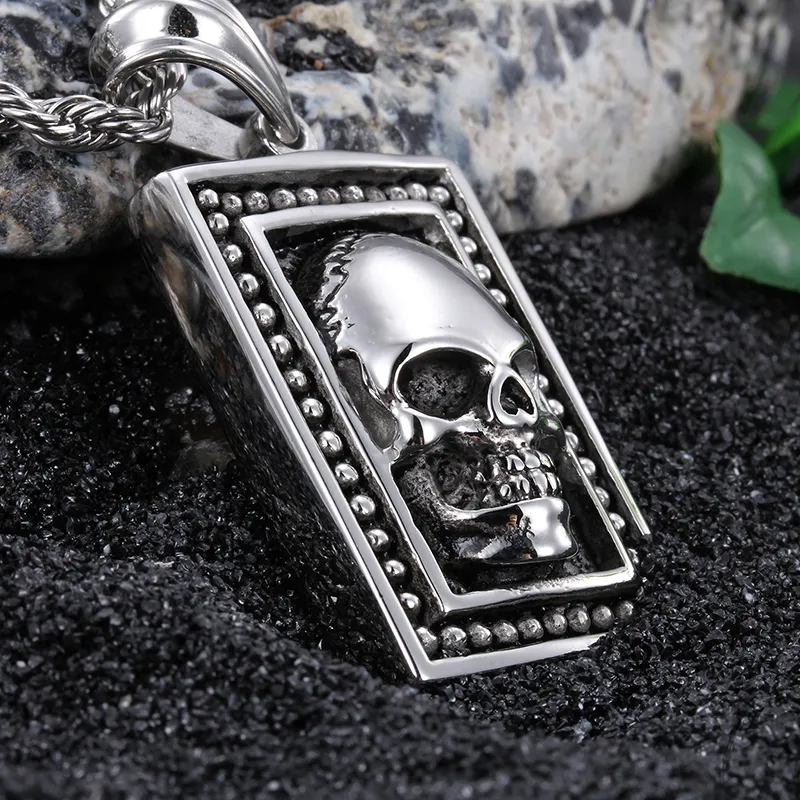 Brand New Vintage Rocker Stainless steel Large Dog Tag Biker Skull Necklace Pendant with 4mm*22" Rope Chain