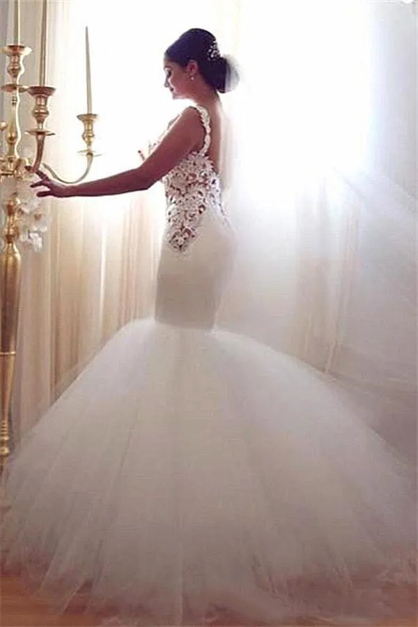 Fabulous 2016 Sexy Sweetheart Backless Tulle Mermaid Wedding Dresses Puffy Modest Lace Beaded Long Bridal Gowns Custom Made EN73010
