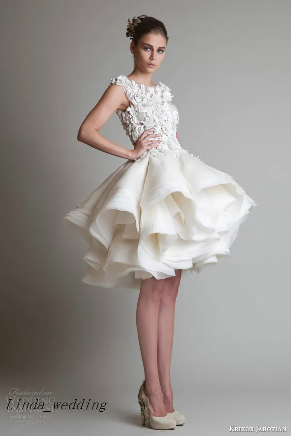 무료 배송 Krikor Jabotian 웨딩 드레스 특종 목 캡 슬리브 레이스 쇼트 무릎 길이 웨딩 드레스 통해보기 신부 가운