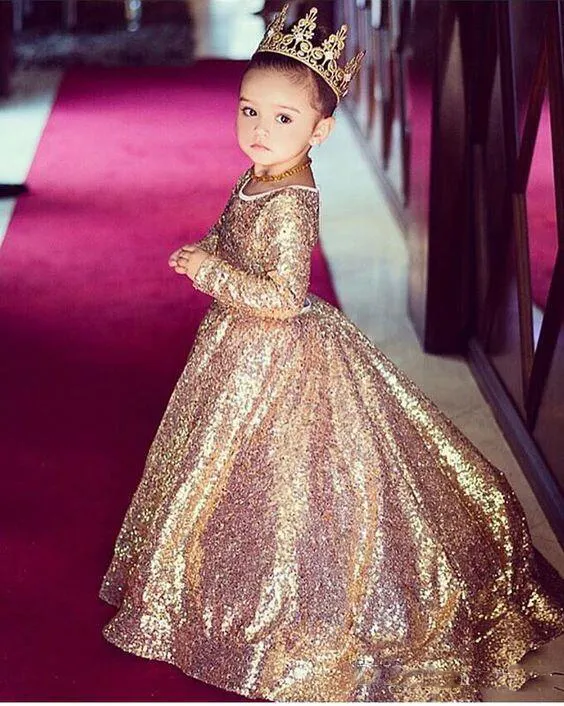 Robes de concours pour filles brillantes pour adolescentes, en dentelle à paillettes, manches longues, robe à fleurs, fermeture éclair au dos, robe de soirée pour enfants