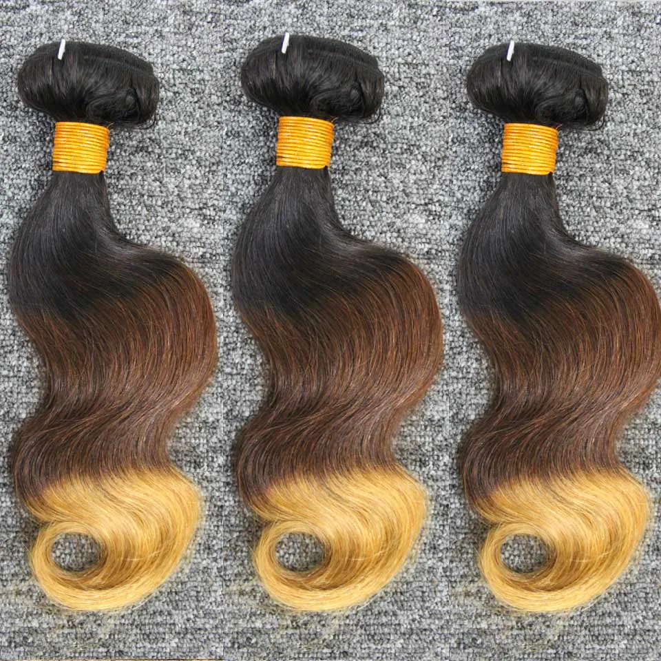 3 pacotes com fecho 1b / 4/27 cabelo humano brasileiro 3 tom ombre brown extensões de cabelo loiro cabelo weave bundles com fechamento