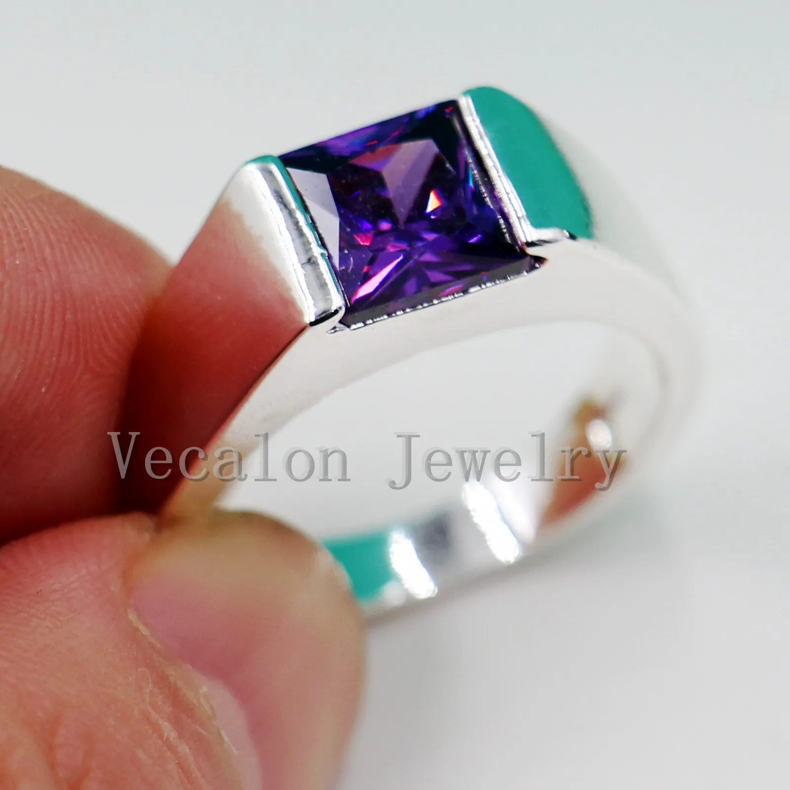 Vecalon Male Jewelry Princess Cut 4ct Amethyst Cz 925 Sterling Silver Bague de fiançailles de mariage pour hommes Sz 8-12