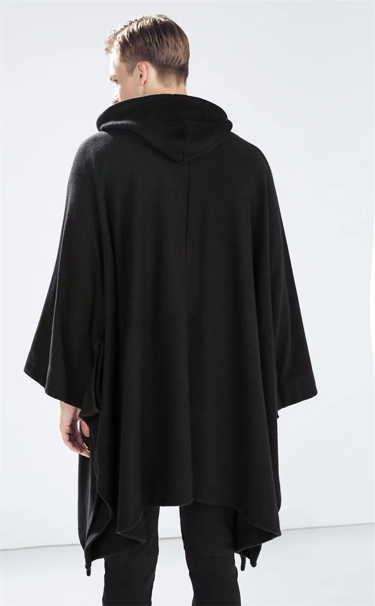 2016 hajuku gotisk kläder brittisk stil mode mens ull cloda cape lång svart huva trench coat man windbreaker överrock