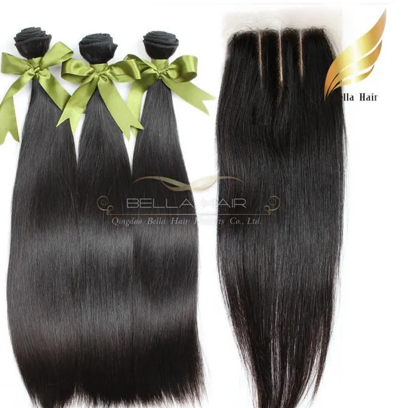 Malaysiska Human Haft Weft Weft Weace Closure 3 Part Grade 8a Naturfärg 8-34 tums silkeslen Straight Gratis frakt Bellahair