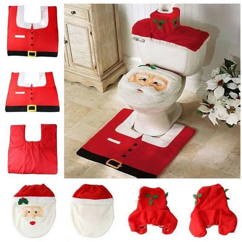 Happy Santa Toilet Seat Cover & Rug Snowman elf Bathroom Set elk Christmas Decorations For Home Christmas Ornament fast shipping