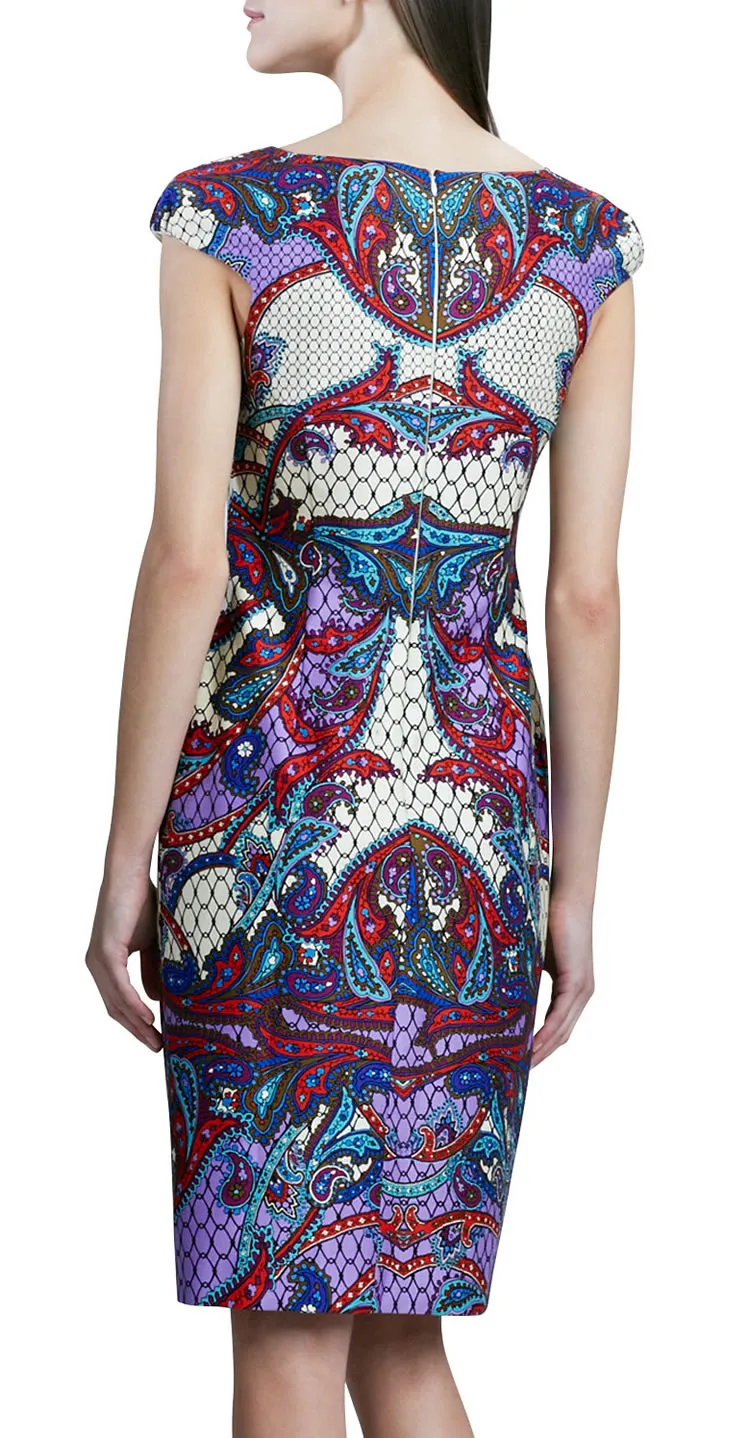 빈티지 인쇄 여자 칼집 드레스 모자 슬리브 캐주얼 드레스 064A639