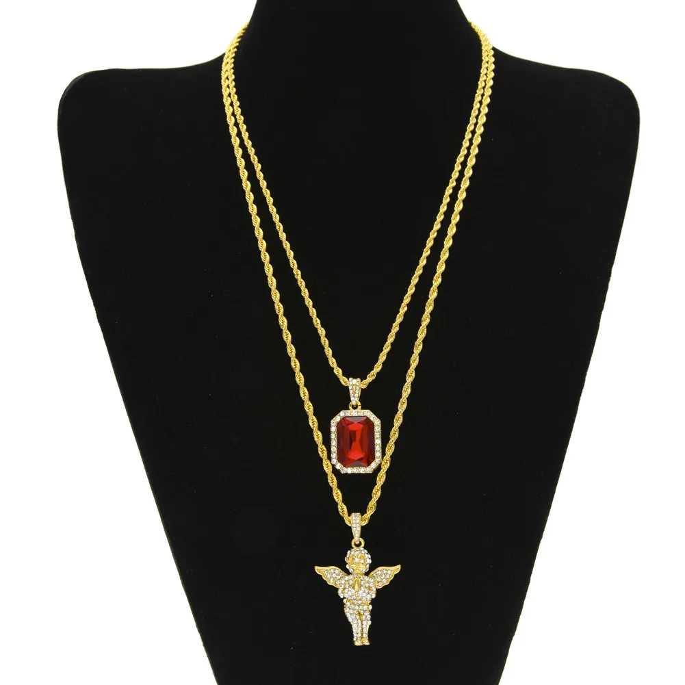 Ensembles de bijoux Hip Hop pour hommes Mini carré rubis saphir plein cristal diamant ailes d'ange pendentif colliers de chaîne en or pour homme Hiphop 2497