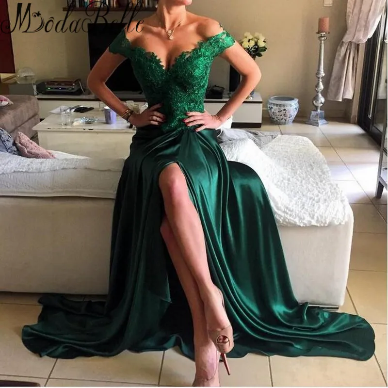 off shoulder smaragdgroene avondjurken dubai kant formele sexy split avondjurken feestjurk open rug galajurken gleuf cust222u