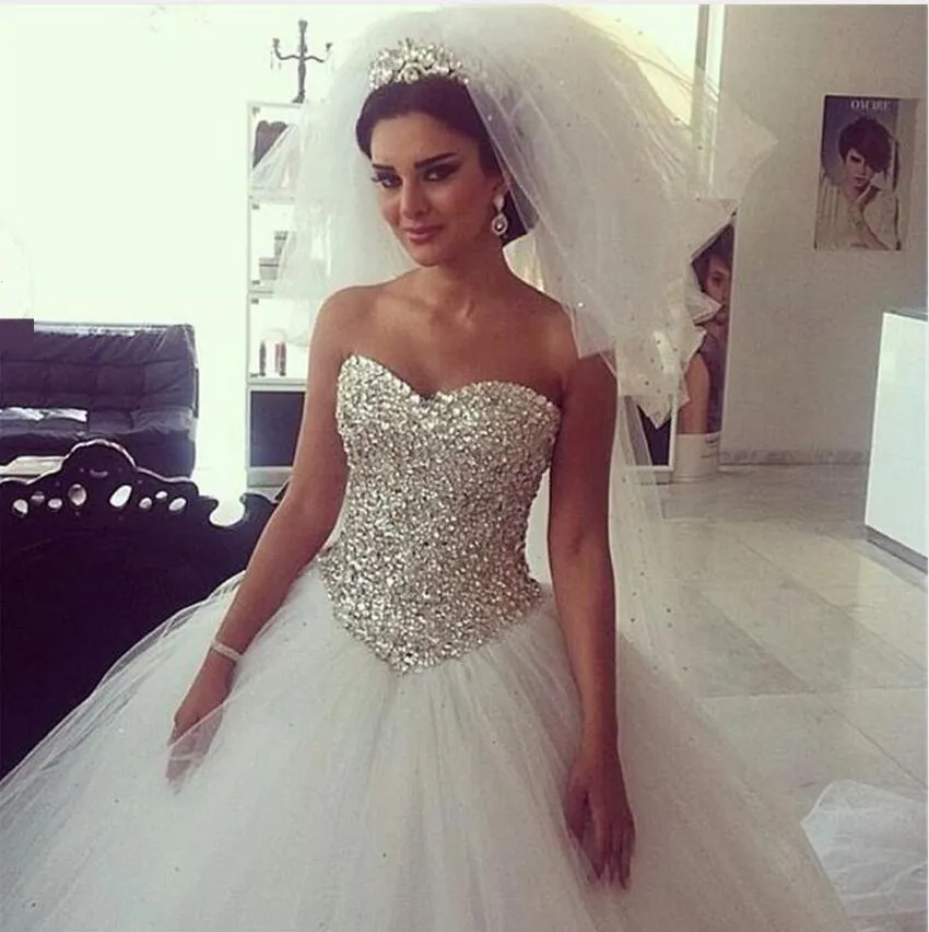 High Quality Sweetheart Sweep Train Ball Gown Sparkly Crystal Princess Wedding Dresses