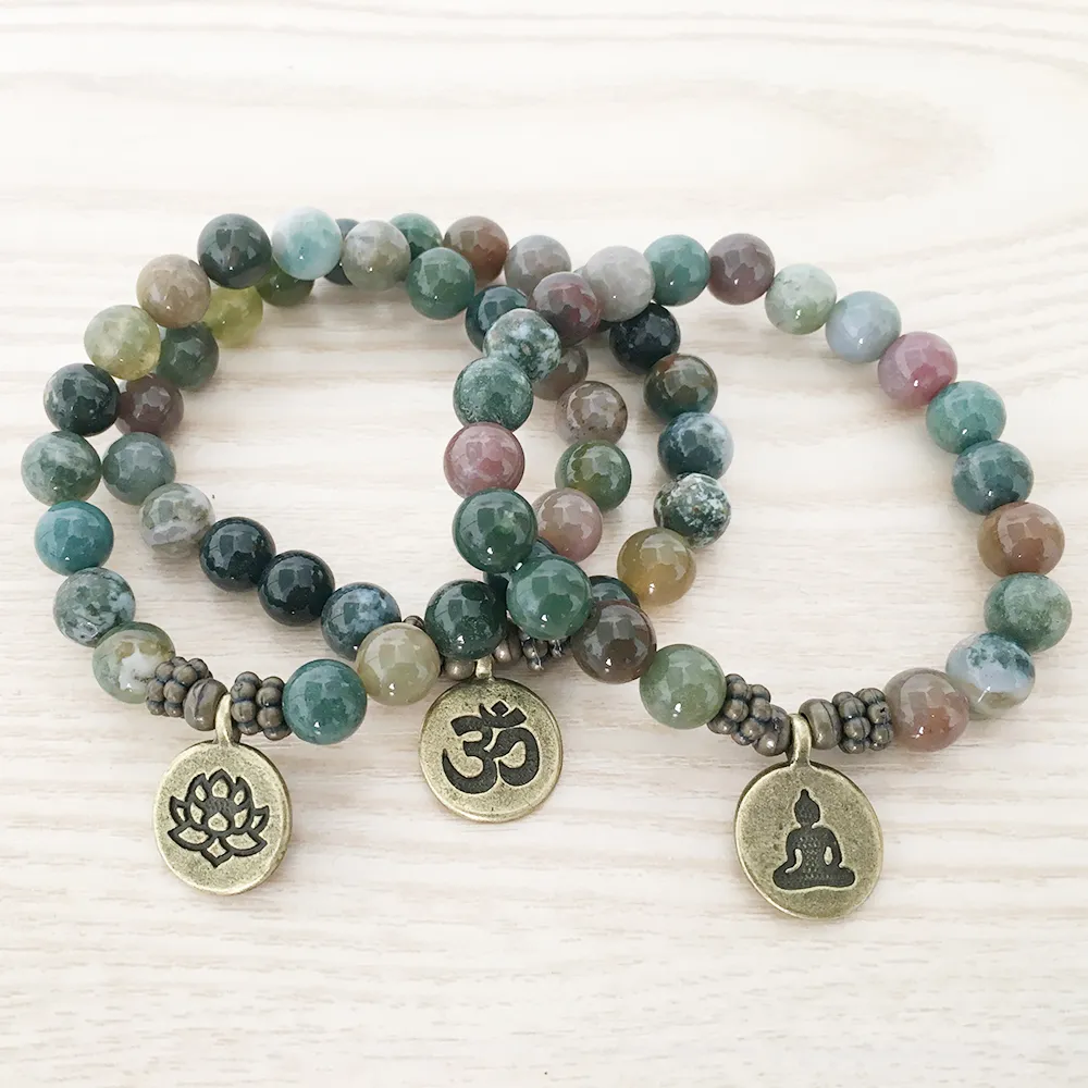 SN1110 New Design Men`s Bracelet India Agate Ohm Lotus Buddha Charm Bracelet Mala Yoga Jewelry Wholesale Gift for Him