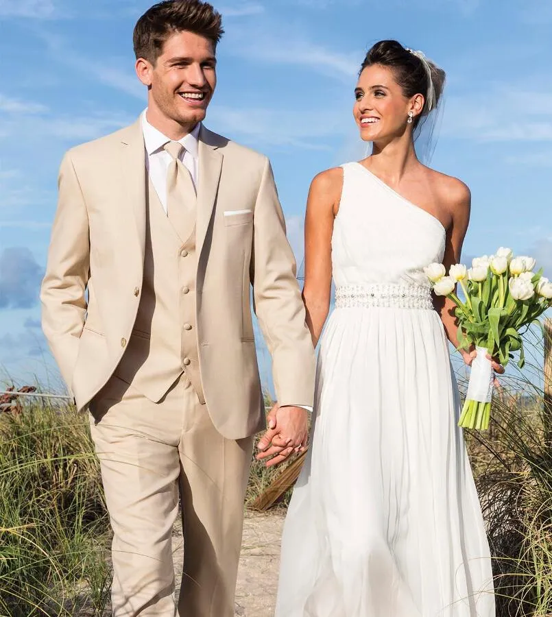 Herren-Blazer, Bräutigam-Smoking, Herrenanzug, Hochzeit, beige Anzüge, maßgeschneidert für Strandbräutigam, Trauzeugen (Jacke + Hose + Weste + Krawatte)