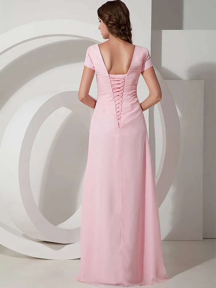 Pink Chiffon Long Modest Bridesmaid Dresses With Short Sleeves Square Neck Corset Back Brides Maid Dresses Real Photos Maids of Honor Dress