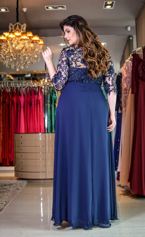 Dark Navy Plus Size Lace Evening Dresses With Half Sleeves Sheer Bateau Neck A Line Beaded Prom Gowns Floor Length Chiffon Formal Dress
