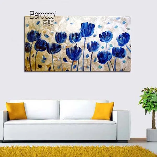 Dipinto a mano al 100% con bellissimi fiori blu, dipinto ad olio su tela, quadri moderni in stile semplice, la decorazione domestica