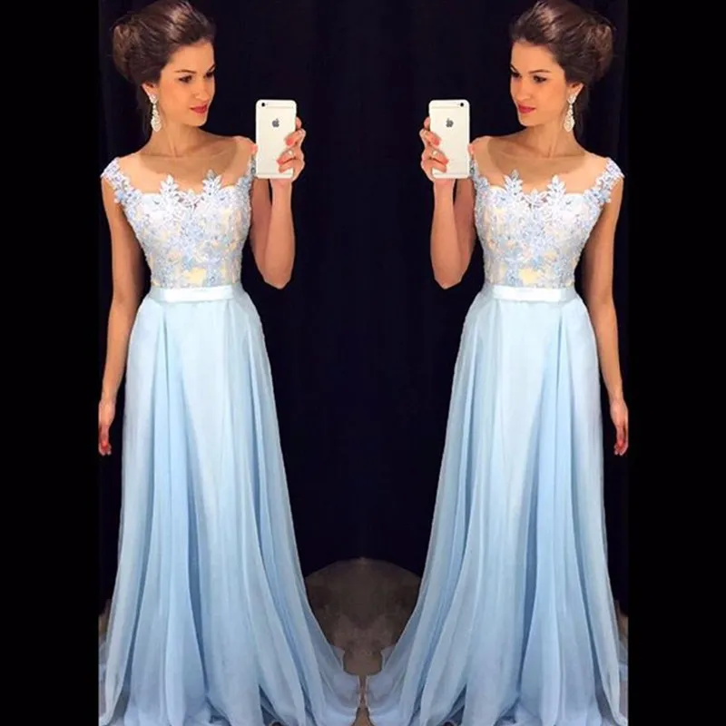 Top Blue Lace Appliques Long Prom Dresses Scoop Neck Floor Length Chiffon Evening Party Dress Party Elegant Formal Dress