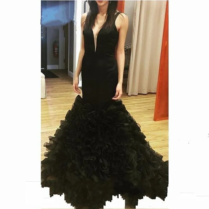 2016 meerjungfrau prom kleider 2k16 rot schwarz tiefem v-ausschnitt backless organza tiered rüschen röcke abendkleider plus größe formale party dress