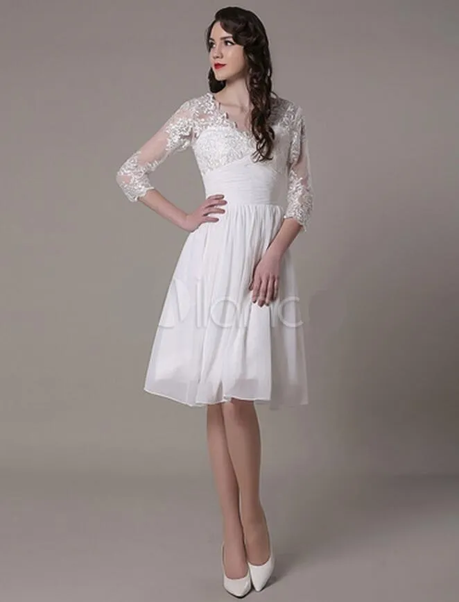 Robe de mariée empire au genou col en V Applique A-ligne en mousseline de soie robe de mariée plissée, plus la taille en mousseline de soie été plage maternité robes de mariée