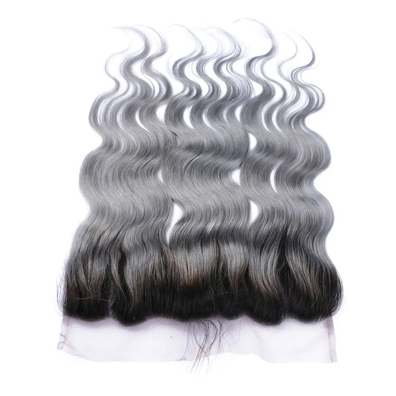 Silver Grey Ombre Mongolian Human Hair Lace Frontal Closure With Baby Hair Body Wave 1BGrey Two Tone Ombre Full Lace Frontals 136946702