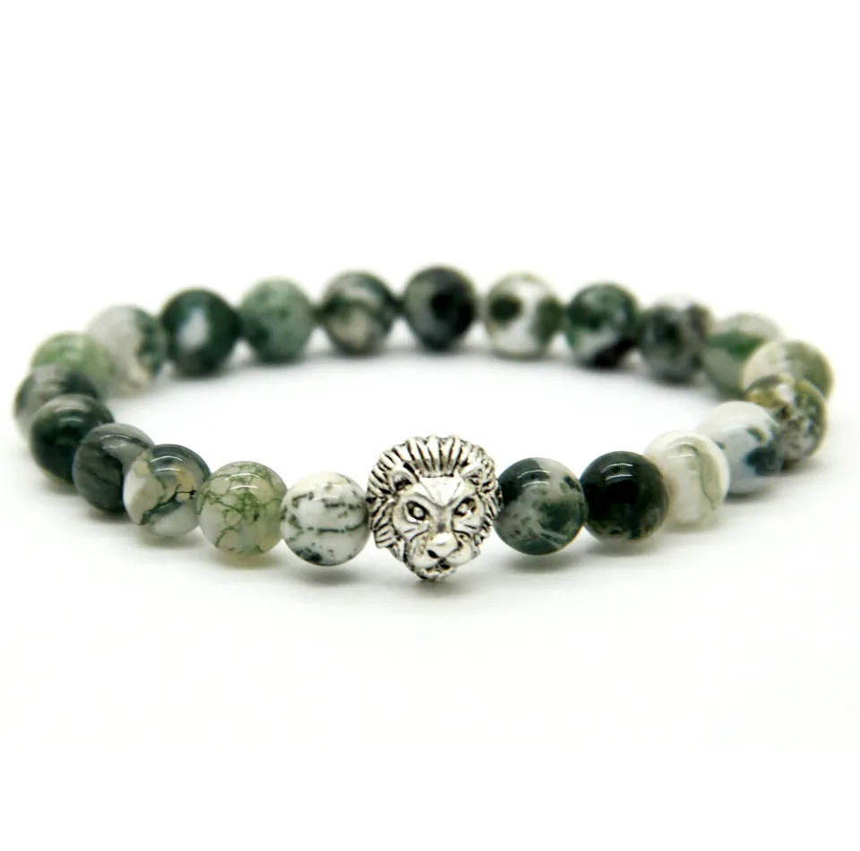 Wonderful Silver Color Lion Head Bracelet Made With Nine Styles 8mm Natural Stone Beads Bracelets For Men