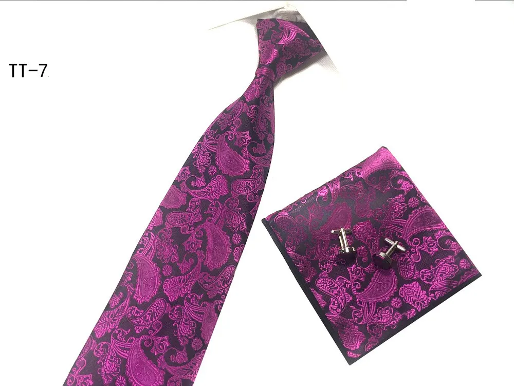 Fashion Tie Set Nathtie Handokerchief Cufflinks Pocket Square Polyester Ties 8cm Wide262U