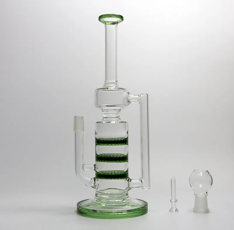 Novos 10 polegadas verde Recycler Bubbler Waterpipe Fumar Bong com Três Verde Favos Percolator agradável Caliane