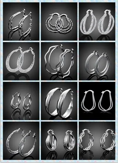 Mix 12 Style 12Pairs/Los hochwertiges Plattieren 925 Sterling Silber Doppelkreis Ohroop-Ohrringe Fashion Geschenke Hyperbel Big Ohr Ring