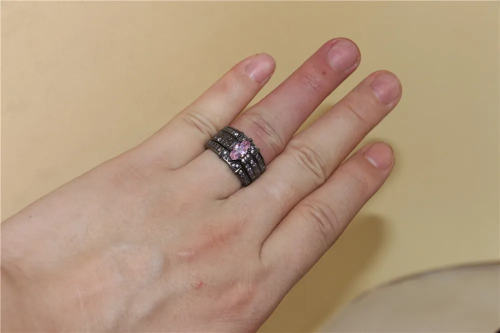 Mode 10kt svart guld fylld ädelsten ring finger dam marquise cut rosa simulerade diamant zircon ringar bröllop brud smycken för kvinnor