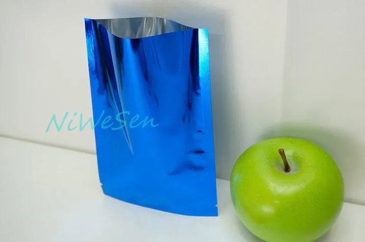 Sachet de thé plaqué aluminium bleu 7x10cm, emballage drapeau bag-X pochette simple de stockage des aliments en mylar aluminisé ouvert sur le dessus