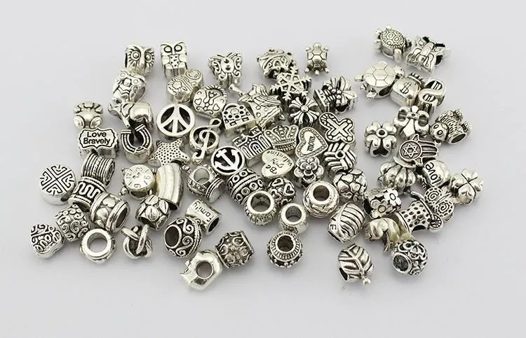 Antike versilberte Legierung, großes Loch, Spacer-Perlen, passend für Pandora-Armbänder, DIY-Schmuck, Halsketten, Anhänger, Charms-Perlen