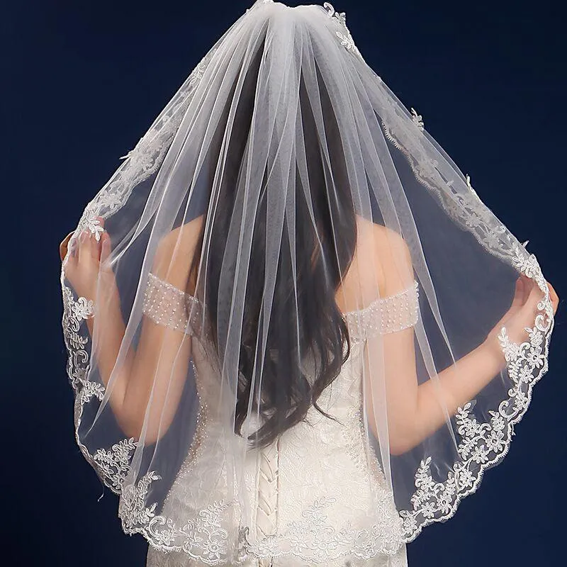 New Beautiful elbow length veil embroidered edges Bridal Mantilla veil elbow alencon lace V027e white/ivory  main image 2