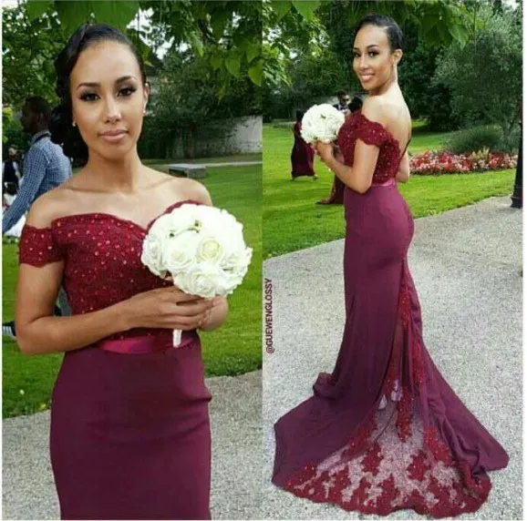 Fuera del hombro Borgoña Boda nigeriana Vestidos de dama de honor 2017 Sirena de encaje Sheer Sweep Train Sirena Vestidos de dama de honor por encargo