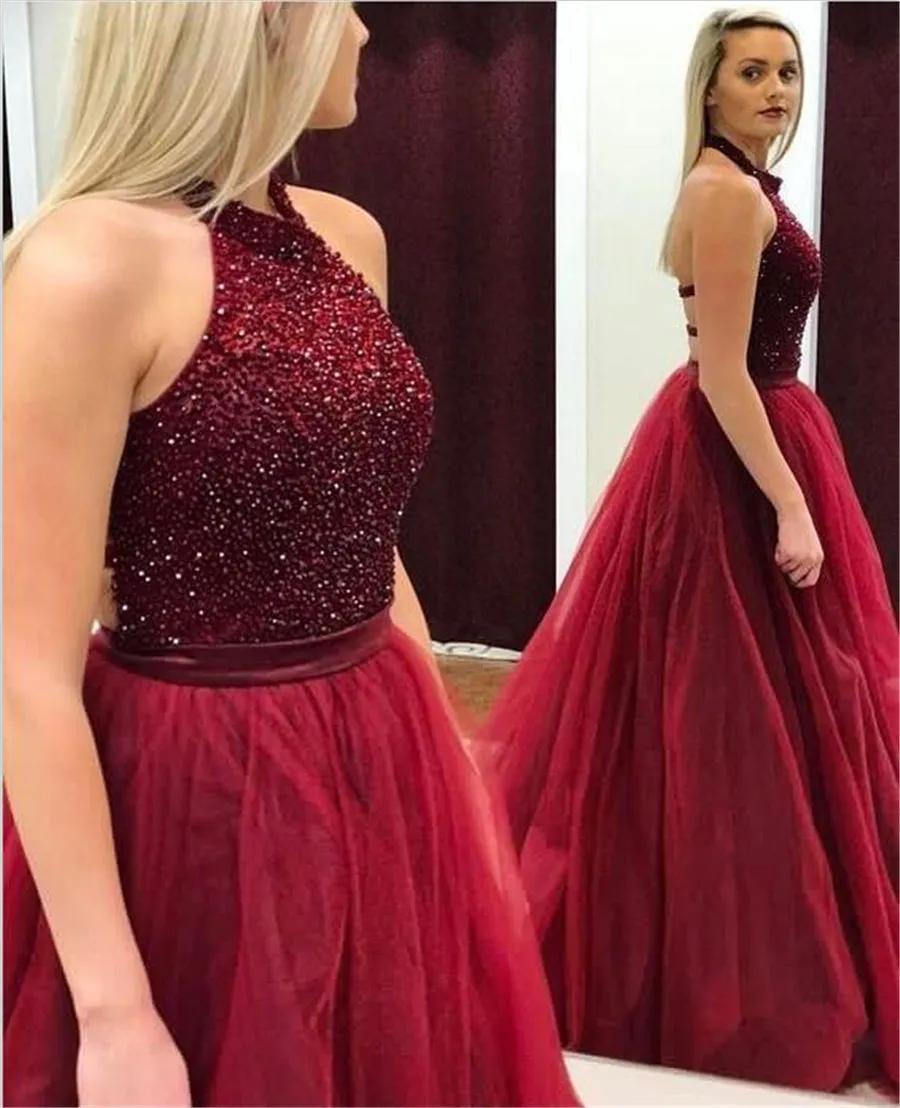 Modest A-line Tulle Halter Neckline Sleeveless Beads Prom Dress Crystals Top Burgundy Long Evening Dress Open Back Formal Dress