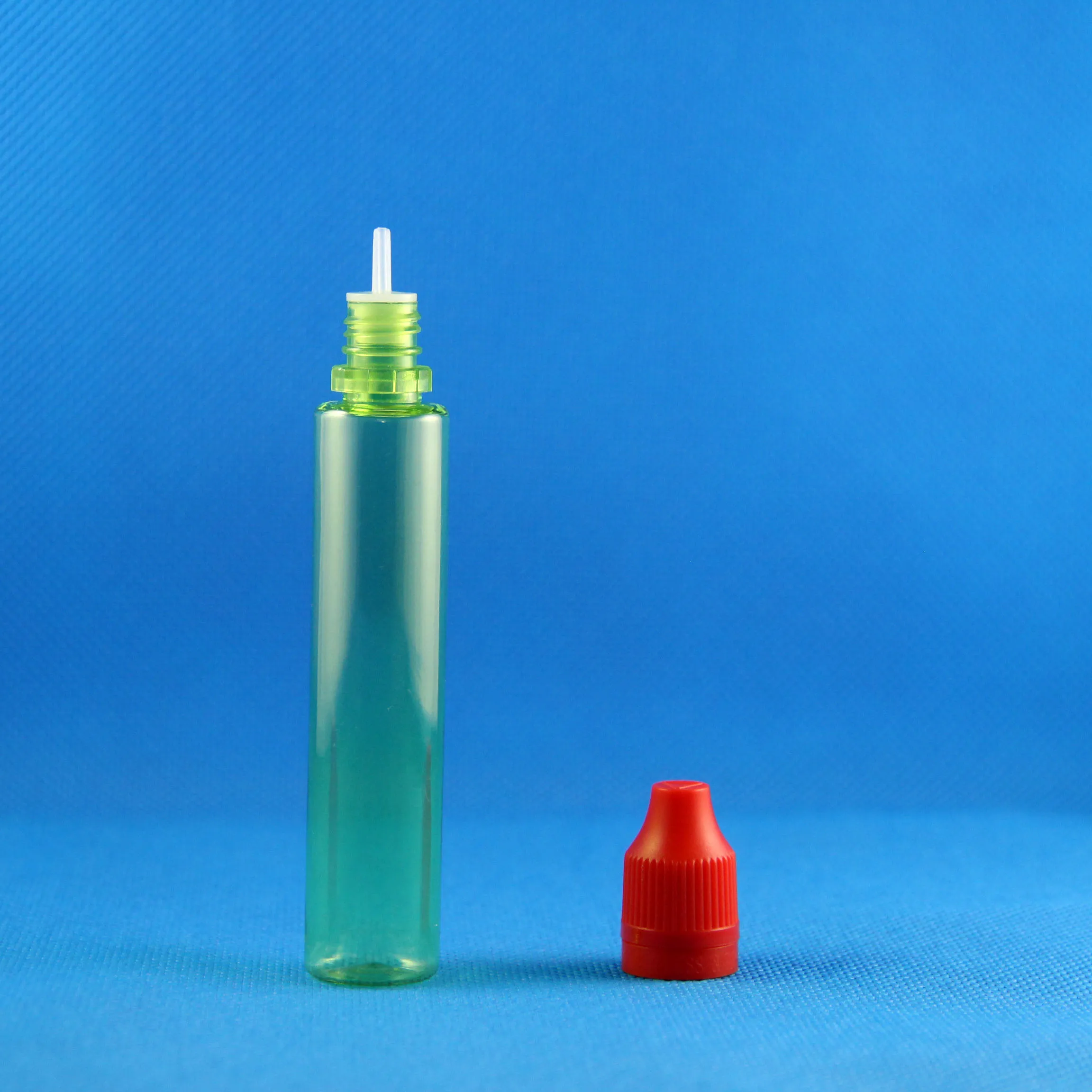 100 zestawów/partia 30 ml 1 unora zielone zielone plastikowe butelki z kroplami Długie kształt odpornego na dzieciak ospałaty długą cienką końcówkę podwójnie bezpieczne sok z oleju płyny 30 ml