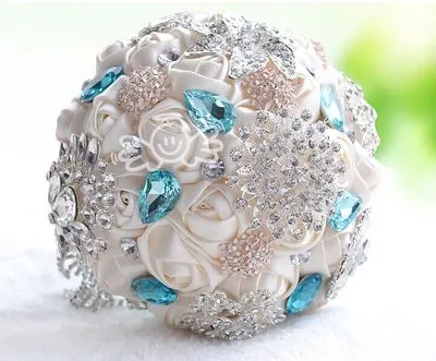 Luxury Artificial Wedding Bouquets Bling Bling Crystals Satin Roses Big Bridal Bouquet Colorful Rhinestone Holding Flowers High Quality